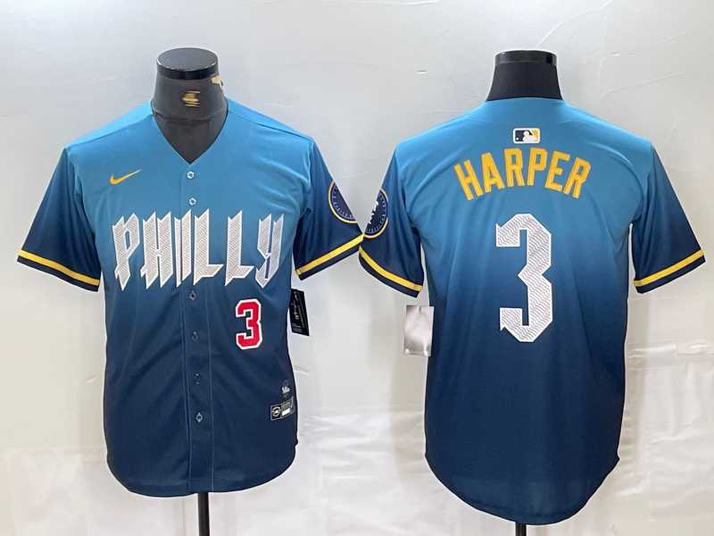 Men%27s Philadelphia Phillies #3 Bryce Harper Number Blue 2024 City Connect Limited Jersey